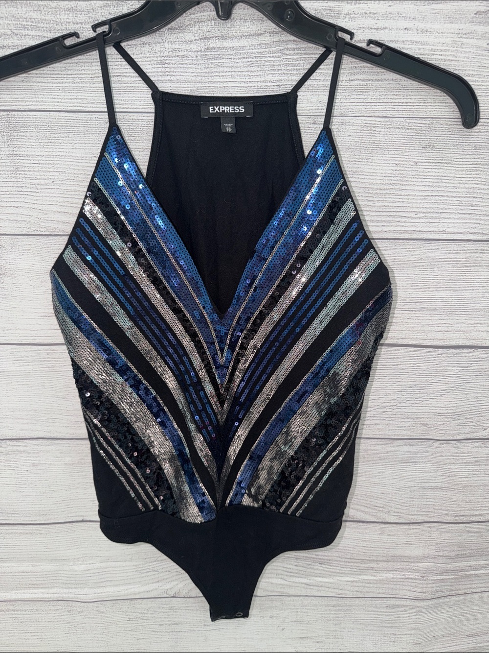 Express Black Sequin V-Neck Bodysuit with Blue and Silver Accents